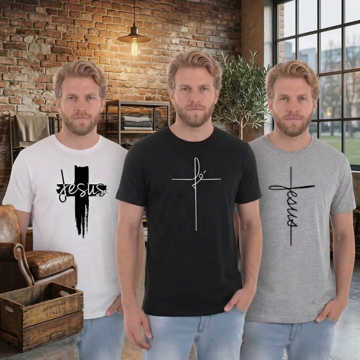 Kit 3 Camisetas Masculinas Básicas, estampa Cristo