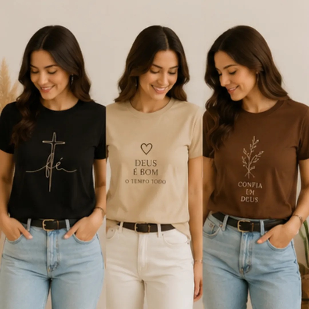 Kit 3 Camisetas Femininas, moda religiosa, algodão premium